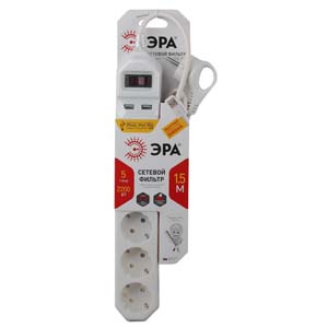 USF-5es-1.5m-USB-W Сетевой фильтр ЭРА (белый) с заземл, 3x0,75мм2, с выкл, 5гн+2USB, 1.5м - купить в Уфе